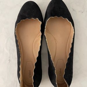Chloe Lauren Scalloped Suede Black Flats (Size 39 1/2)
